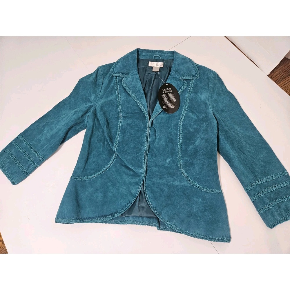 NWT Vintage Spiegel Teal Suede Leather Jacket Braided Trim Size 14/Med Deadstock